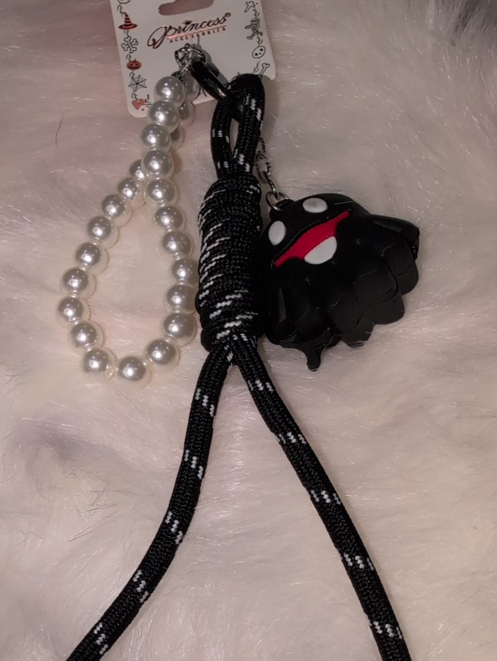 Princess Collection Black Halloween Bat Bag Charm with Pearl Bead Strap